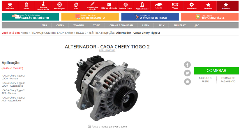 Uma página do site pecahoje.com.br com uma peça de um CAOA Chery Tiggo 2.